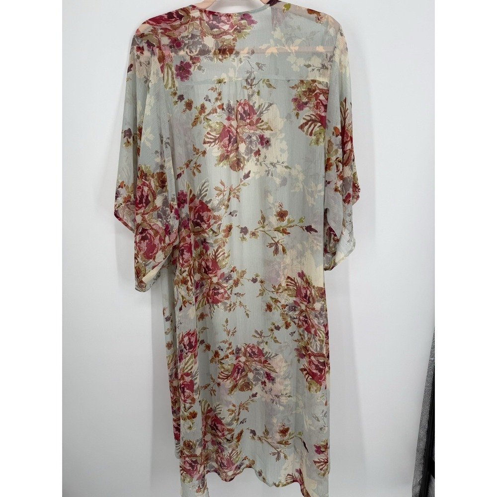 Sheer Floral Kimono Robe Long Duster Open Front Festival Sage Pink Whimsygoth S - Picture 7 of 8